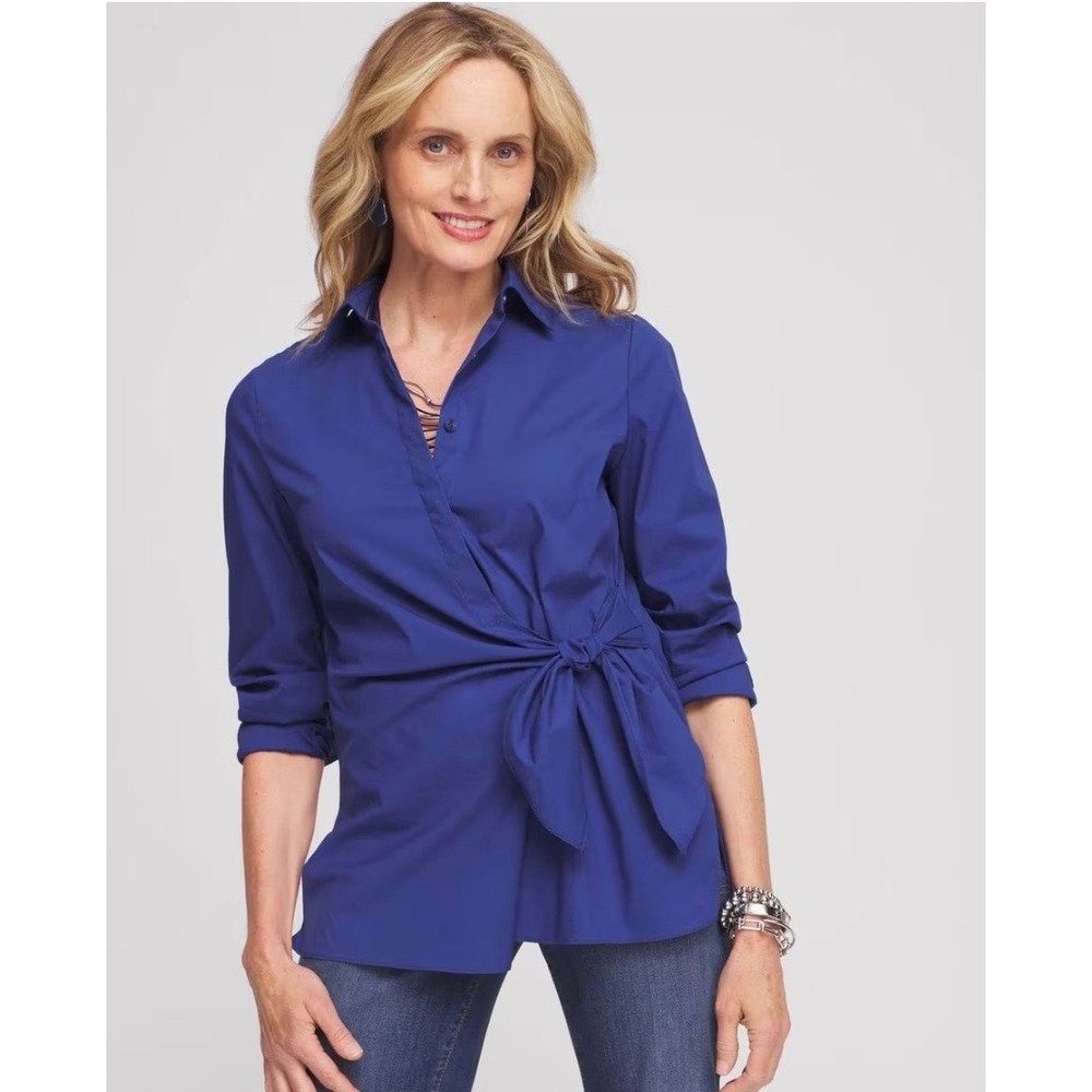 Chicos Tie Front Buttondown Shirt Blue Long Sleeve Wrap Top Size 2 L 12 New Work
